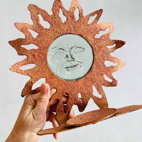 Vintage Mayan Sand Coated Metal Celestial Sun Heavy Glass Face Candle Holder - Picture 8 of 8